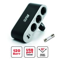 Разветвитель прикуривателя 3 гнезда AVS CS312U USB черный